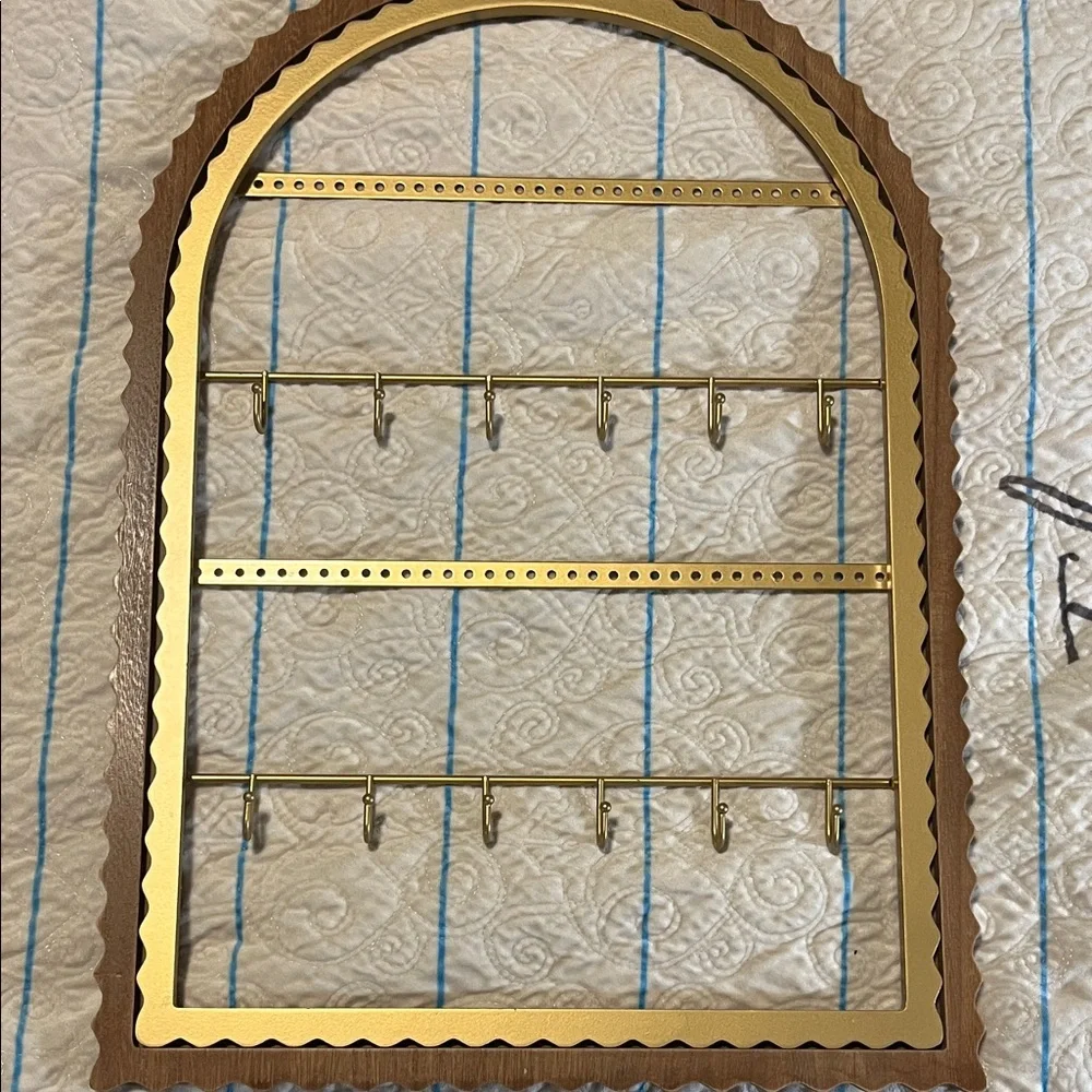 Gold and Wood Arched Wall Jewelry Organizer by